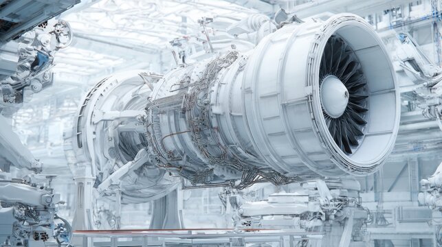 futuristic jet engine core suspended mid air by multi axis robotic arms white sterile factory environment sci fi engineering vibe hyper realism