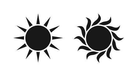 Two black sun icons with differing ray designs simple vector graphics