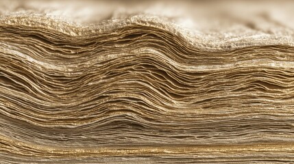 Aged paper sheets are stacked closely, revealing unique textures and colors, perfect for artistic backgrounds or creative projects with copy space