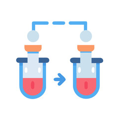 Illustration depicting fluid transfer between two flasks with a light blue arrow