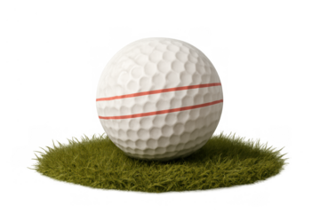 White golf ball with red stripes resting on green grass, ready for tee-off, isolated on transparent background