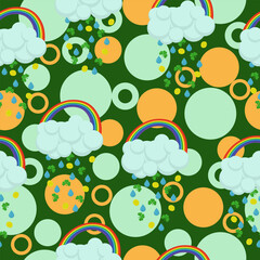 Rainbow and unusual rain seamless pattern, symbols of St. Patrick's Day on a dark green background