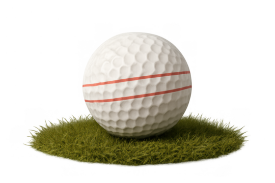 White golf ball with red stripes resting on green grass, ready for tee-off, isolated on transparent background
