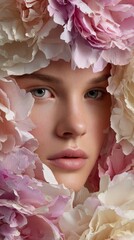 Fair-skinned female surrounded by delicate pink and white floral arrangement, highlighting her features and creating a tranquil, artistic atmosphere in the portrait