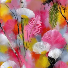 Seamless pattern of painted plants with bright colors and soft strokes creating vibrant botanical scene in colorful artistic nature design