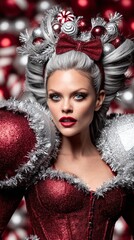 Stunning female model with silver hair, dressed in festive outfit, poses against a backdrop of red and silver ornaments, showcasing holiday glamour and style