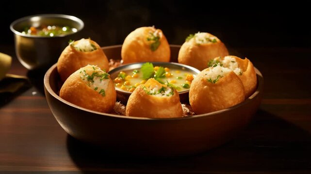Close up of spicy golgappa with toppings