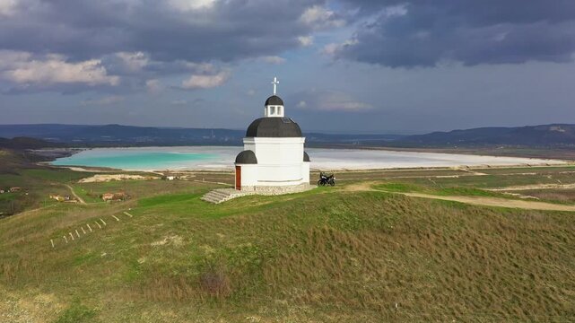 Aerial drone view to The Chapel of Padina village, Devnya region, Varna, Bulgaria