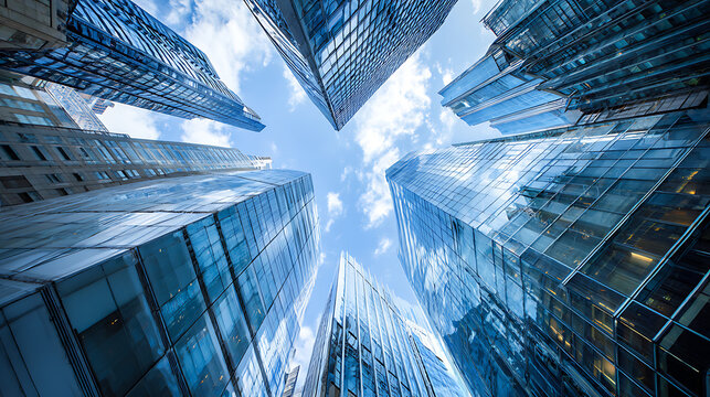 Tall glass skyscrapers reflecting blue sky and clouds glass buildings modern architecture