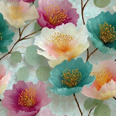 Seamless pattern of painted flowers with soft colors and golden centers creating vibrant floral pattern in delicate artistic nature scene