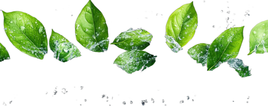 Fresh green leaves with water droplets in mid-air