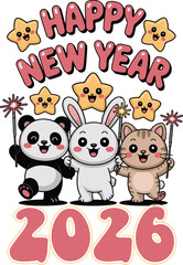 A modern 2026 New Year t-shirt design collection featuring bold typography, festive graphics, and a clean vector style