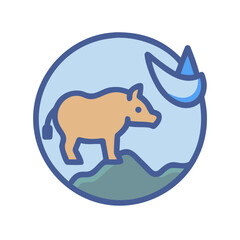 Stylized ox standing on a hill with a water drop inside a circle