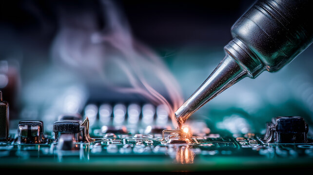 A soldering tool melting metal on an electronic board representing precision craftsmanship technological repair and detailed engineering work.
