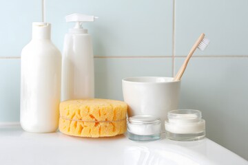 Bathroom essentials skincare products beauty routine organic bath items