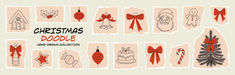 Christmas doodle vector sticker set with torn paper textures and ripped edges for scrapbook-style notes. A playful New Year collage with whimsical bows, ribbons, hand-drawn winter motifs and elements.