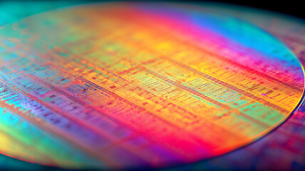 A circular semiconductor wafer reflecting vivid patterns representing technological development microengineering and the evolution of advanced electronic systems.
