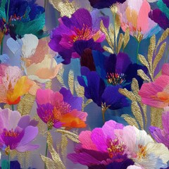 Seamless pattern of painted flowers with bright colors and golden leaves creating vibrant floral pattern in colorful artistic nature scene