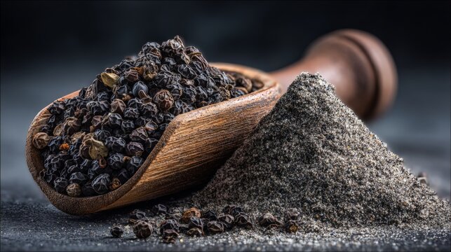 Wooden scoop filled with black peppercorns next to ground pepper on dark surface, highlighting the textures and colors of culinary spices for food preparation - Powered by Adobe
