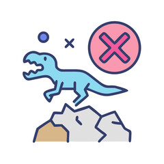 Cartoon dinosaur extinction concept with a pink cross against a black background