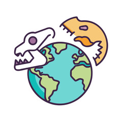 Cartoon depiction of dinosaur skulls encircling planet Earth against a black background