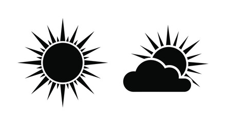 Simple black and white weather icons depicting sun and sun with clouds