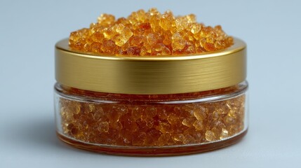 Transparent jar filled with golden sugar crystals, featuring a shiny gold lid, highlighting the texture and color of the sweet ingredient in a clean environment