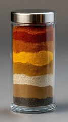 Clear glass jar filled with vibrant layers of spices, featuring rich textures and colors, perfect for culinary inspiration and enhancing food presentation