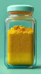 Vibrant yellow spice powder fills a clear glass jar with a turquoise lid, highlighting its rich texture and color, perfect for culinary use or decoration