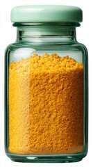 Glass container filled with bright yellow spice powder, featuring a mint green lid, highlighting the vibrant color and texture of culinary ingredients for food preparation