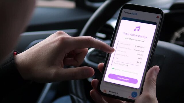 Close up of a mans hands in a parked car reviewing a digital bank receipt for a successful music streaming service subscription payment. This clip captures the everyday reality of managing recurring