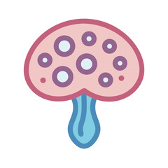 Stylized cartoon mushroom illustration with circles on the cap against black backdrop