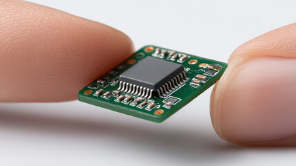 Tiny integrated circuit board held between fingers emphasizing miniaturized embedded hardware design for wearable technology, drones and compact robotics.
