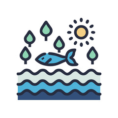 Stylized graphic of a fish jumping in water with trees and the sun