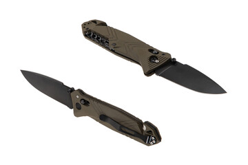 Two angled views of an open olive green tactical folding knife with a black blade, on white back