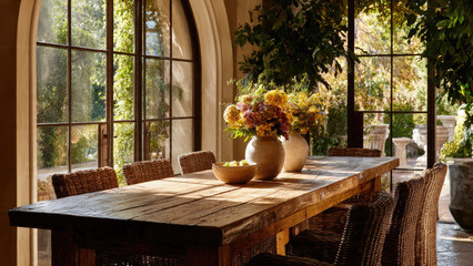 Rustic dining room bathed in sunlight, showcasing a large wooden table, woven chairs, and fresh flowers against a beautiful garden backdrop.