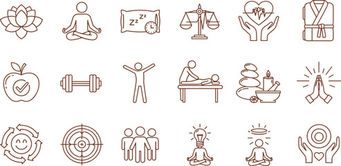 Collection of icons representing wellness, health, meditation, and relaxation