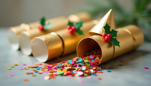 Golden Christmas Crackers with Holly and Confetti – Festive Holiday Table Styling with Sparkling Lights - Powered by Adobe