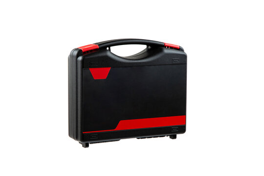 Durable black and red plastic hard case for tools or equipment on a white back