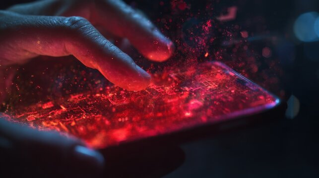 hands holding a smartphone, glowing red holographic message particles emerging from the screen, futuristic and high tech atmosphere, cinematic depth