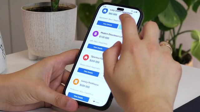 Close up of a mans hands actively browsing a diverse real estate listings on a phone. He curates his search by saving favorite apartments and houses into a list and then delves into a chosen property