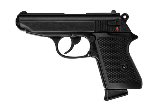 A classic black semi-automatic pistol, likely a Walther PPK style, isolated on a white back