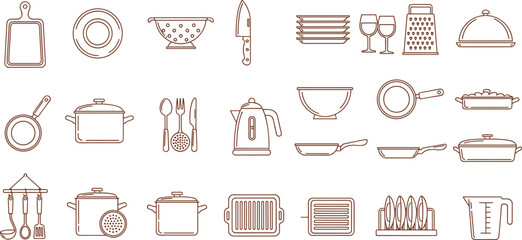 Set of cooking and kitchen utensils, ideal for recipes, menus, and culinary content