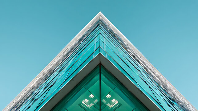 Teal Glass Building Apex Against Clear Blue Sky architecture skyscraper