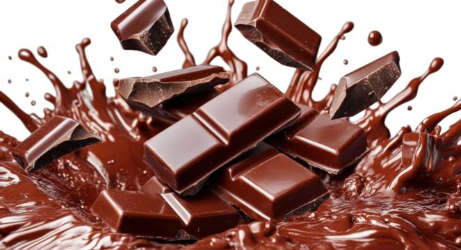 Rich and creamy chocolate pieces with splashing chocolate