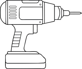 Power drill outline icon for construction and home improvement, minimalist line art engineering design illustration