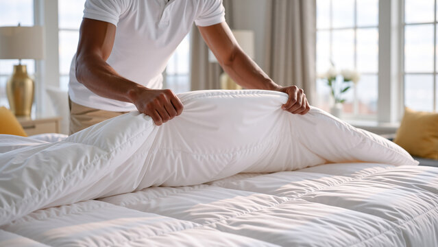 close up of someone smoothing and lifting a fluffy white duvet while making a neatly arranged bed in a bright cozy bedroom