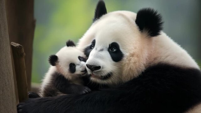 Panda mother cuddling baby panda closely  