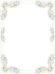 Watercolor Winter holiday frame, blue fir branches, eucalyptus, beige, blue, ornament