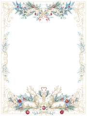 Watercolor Winter holiday frame, blue fir branches, eucalyptus, beige, blue, ornament